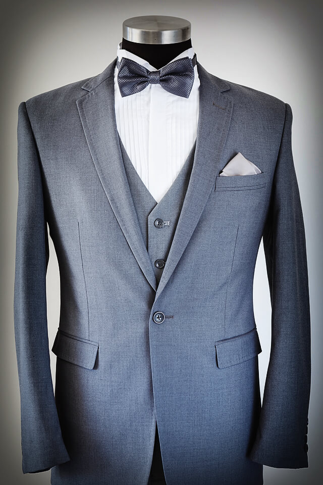 Grey Suit Slim Cut 002 Grey waistcoat with grey bowtie and wing collar shirt